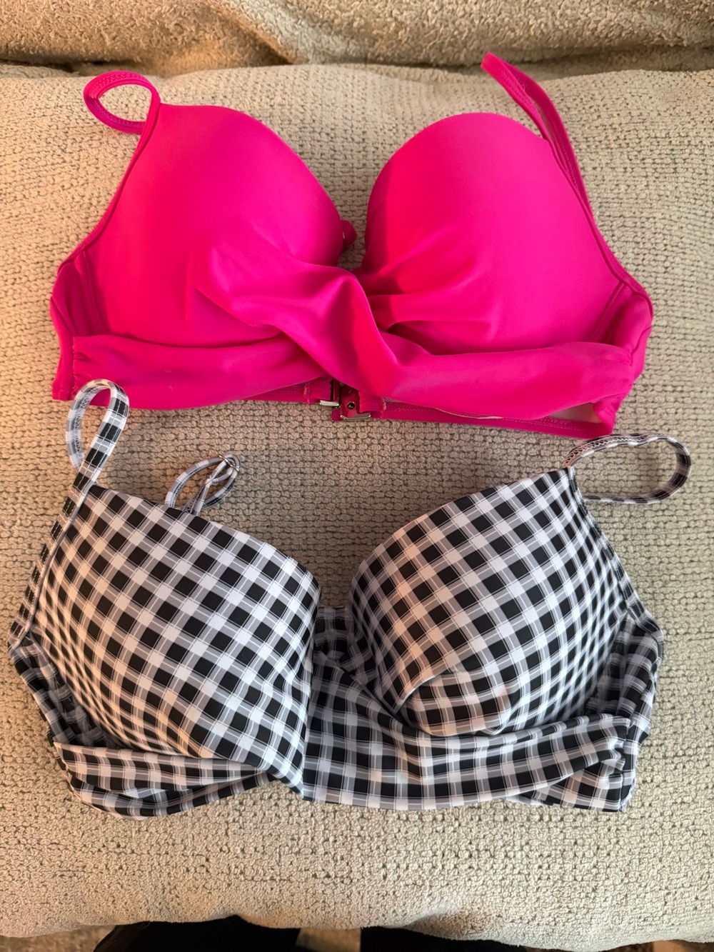 Hot Pink Bikini Top + Black & White Gingham Bikini Top Duo